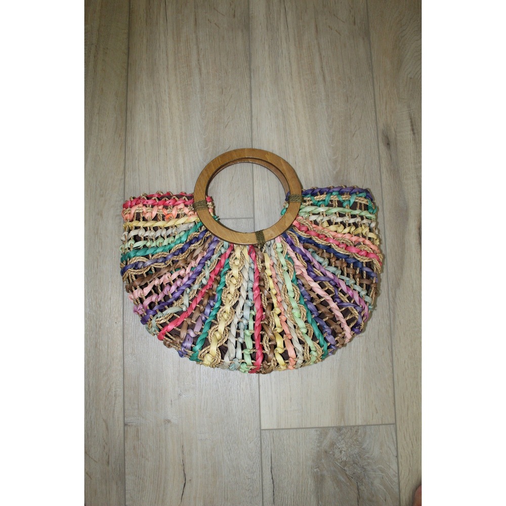 VTG Cappelli Straworld Multi Color Woven Straw Tote Bag Wood Handle Boho Retro